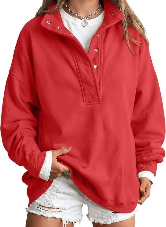 Trendy Queen Womens Oversized Sweatshirts with Snap Button Henley Collar